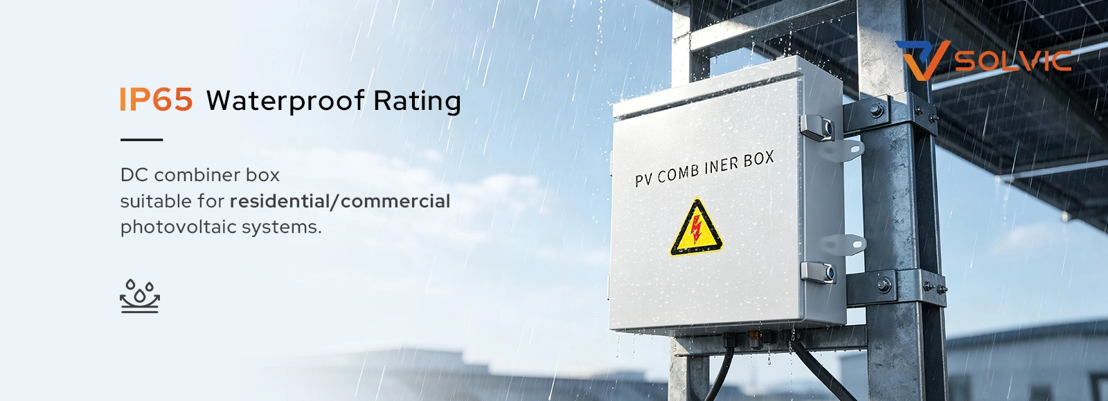PV combiner box IP65 waterproof feature diagram – dust-tight and rainproof sealing structure, outdoor enclosure with weatherproof gasket and sealed cable entries for long-term exposure in harsh conditions